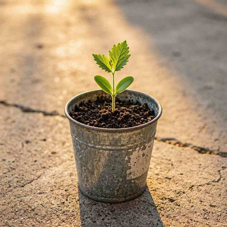 Small seedling in a metal pot on the ground with sunlight.