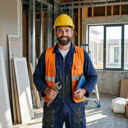 Portrait of a smiling male construction worker holding a spanner and looking at the camera while standing in an unfinished building