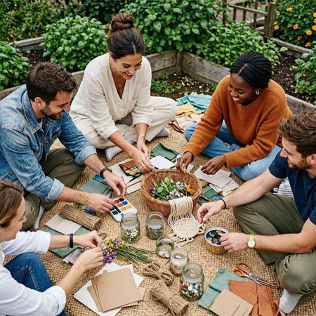 Group of diverse friends having fun together at a garden party, sitting around a table, having fun, cutting flowers