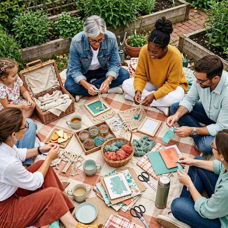 Group of friends playing a board game in the garden. They are having fun together.
