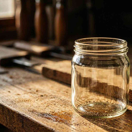 Empty glass jar on a wooden table in a coffee shop. Copy space.