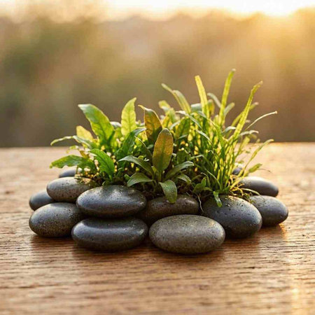 Zen stones with green grass on wooden table in sunset light. Nature background
