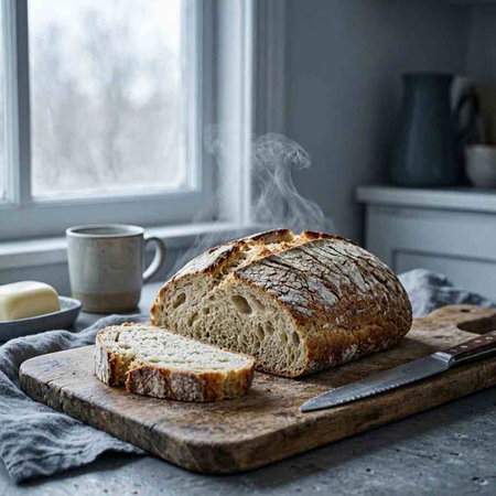 Sliced bread on a wooden board with a knife and a cup of coffee