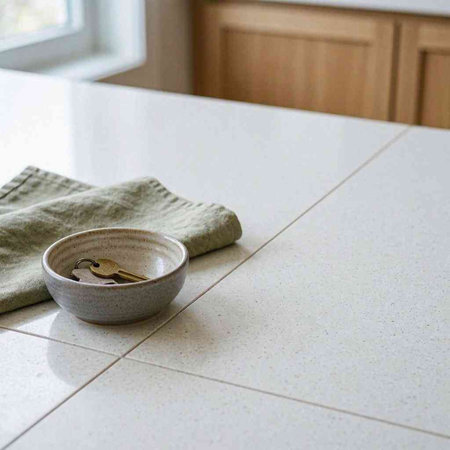 A small ceramic plate with a key on a kitchen countertop.