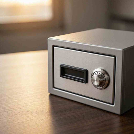 A metal safe on a wooden table in front of a window.