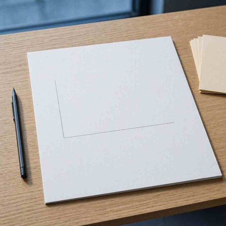 Blank white business card mockup on wood table with pen.