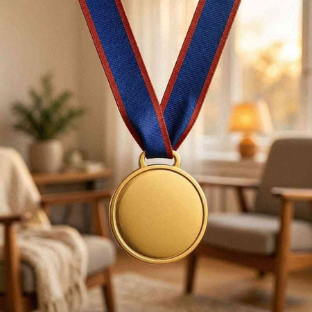 Gold medal with blue ribbon on the background of the living room.