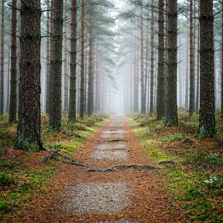 Pathway through the pine forest in a foggy winter morning.
