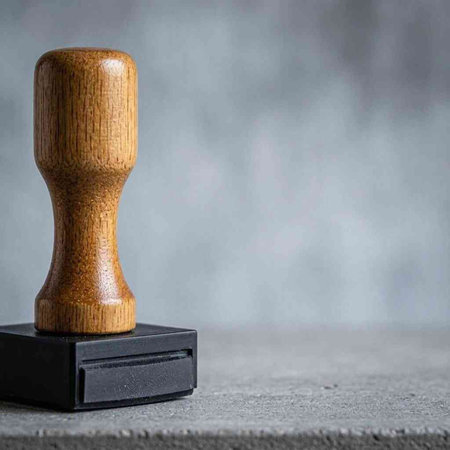 Wooden stamp on a gray background. Place for your text.