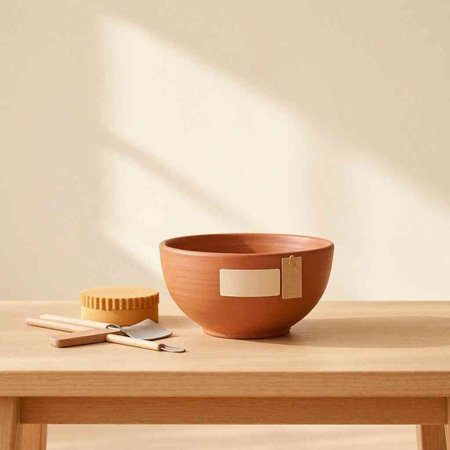 3d render of a clay bowl on a wooden table with tools
