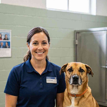 Portrait of a female veterinarian with her dog in a veterinary clinic.