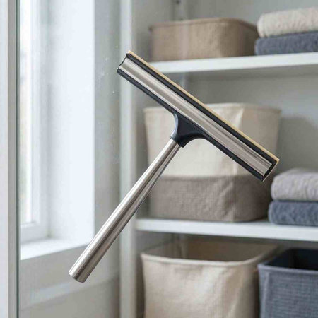 Close up of a glass door handle in a modern bathroom or home