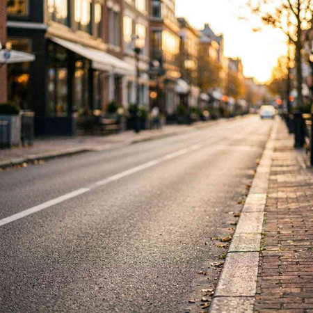A low angle shot of a cobblestone street in the evening