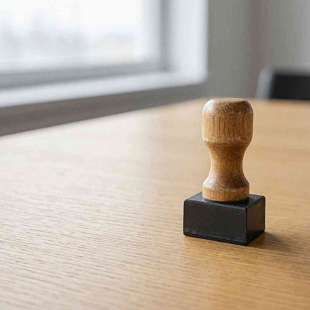 Rubber stamp on a wooden table in a cafe or restaurant.
