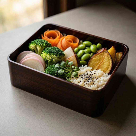 Healthy lunch box with rice, vegetables and meat on table.