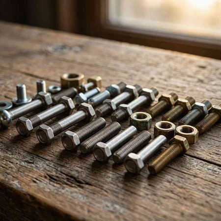 Metal bolts and nuts on a wooden table. Selective focus.