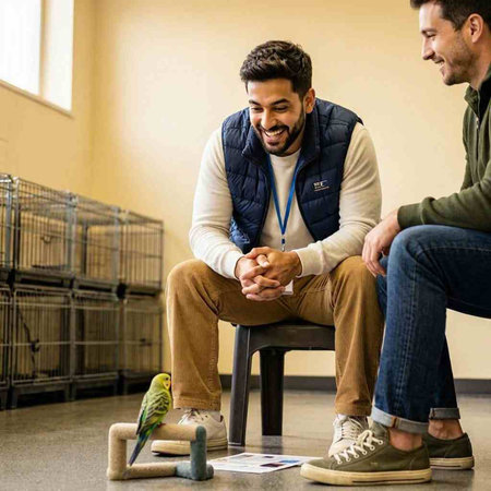 Couple sitting on a bench and looking at a pet parrot