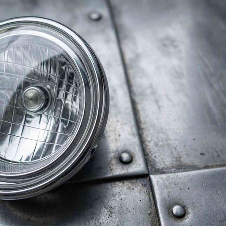 A close up view of a headlight on a metal surface.