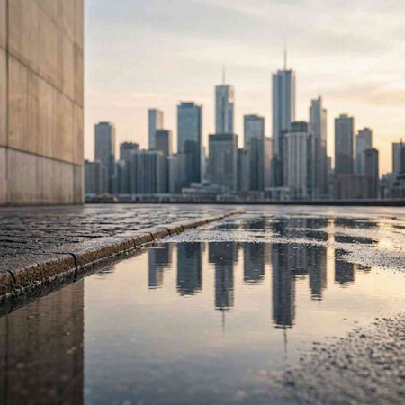 Reflection of modern skyscrapers in a puddle of water