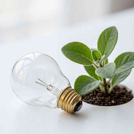 Light bulb with green sage plant growing out of soil on white background