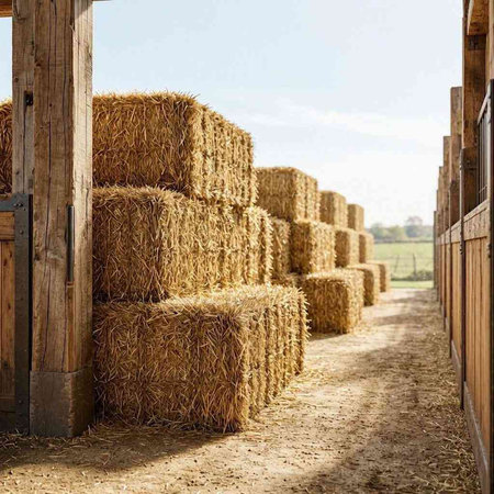 Straw bales in a barn with haystacks in the background