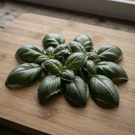 Fresh basil leaves on a wooden cutting board. Selective focus.