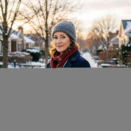Portrait of a smiling middle-aged woman in a winter hat and scarf.