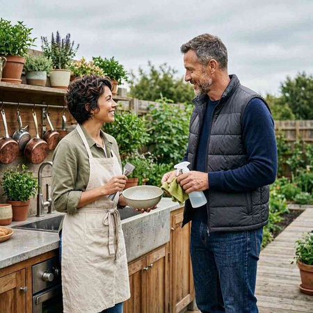 Mature couple gardening together in the garden. They are smiling.