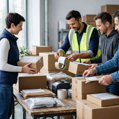 Warehouse staff working together in a large warehouse, packing boxes for shipping