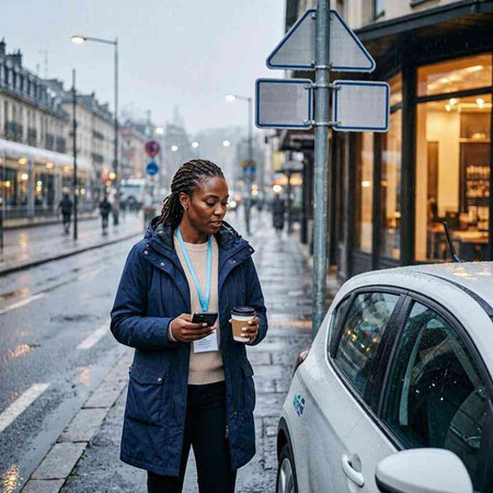 Stylish african american woman in blue jacket and jeans posed at street with cup of coffee.