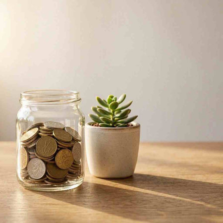 Coins in a glass jar with succulent plant on the table