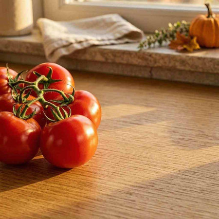 Tomatoes on a wooden table in front of the window in autumn