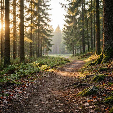 Path in the autumn forest. Sun rays through the trees. Beautiful landscape.