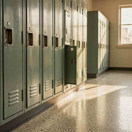 Old school lockers in a row in an old school hallway.