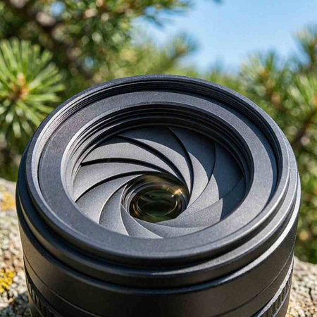 Close-up of a camera lens on a background of pine branches