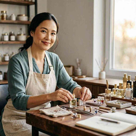 Female potter working in her pottery studio, smiling at camera.