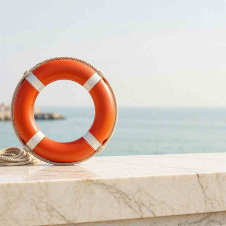 Orange lifebuoy on white marble table with sea view background.