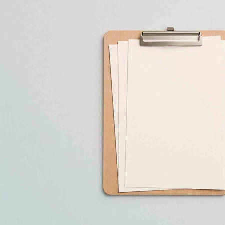 Top view of clipboard with blank paper sheets on grey background. Vector illustration