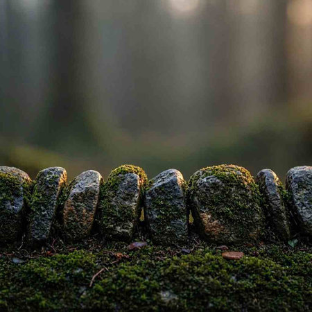 Mossy stone wall in a forest. Selective focus.