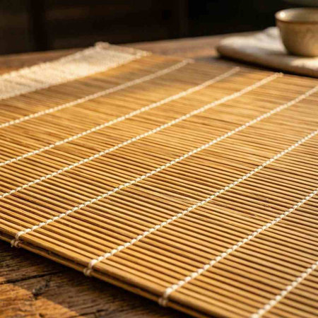Close up of a bamboo mat on a wooden table in a restaurant.