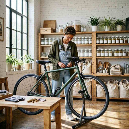 Beautiful young woman in apron standing near bicycle in workshop.