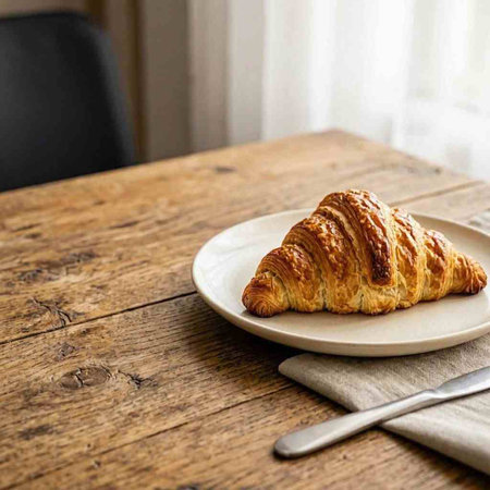 Croissant on a wooden table with a knife and a napkin