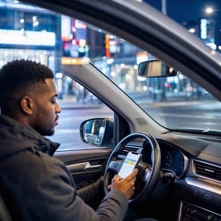 Young African man driving a car at night in the city, looking at the map
