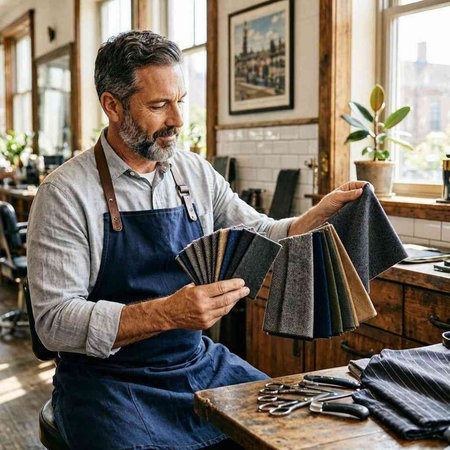 Handsome senior man in apron and apron sitting at table with samples of fabric in a textile shop