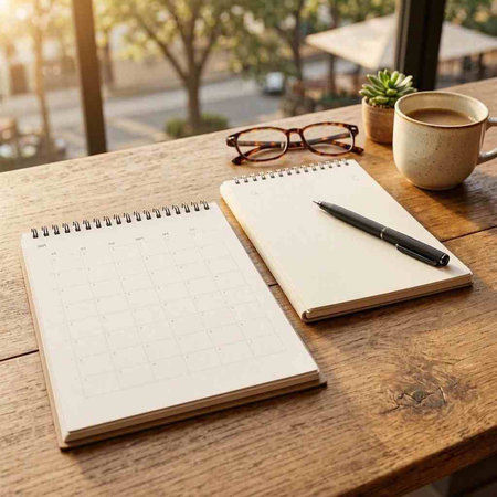 Blank notepad with pen and glasses on wooden table in coffee shop