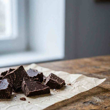 Dark chocolate pieces on paper on a wooden table. Selective focus.