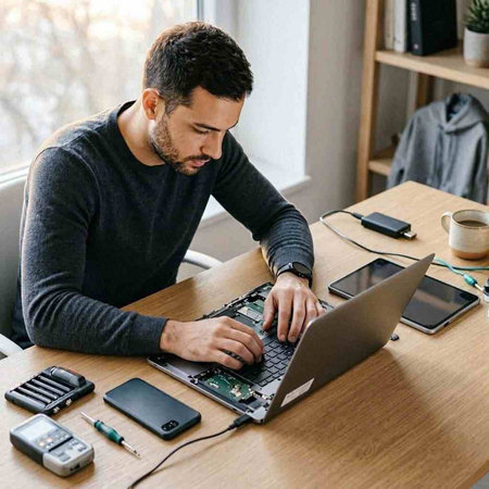 Young man repairing laptop computer at home. Handsome guy working on laptop at home.