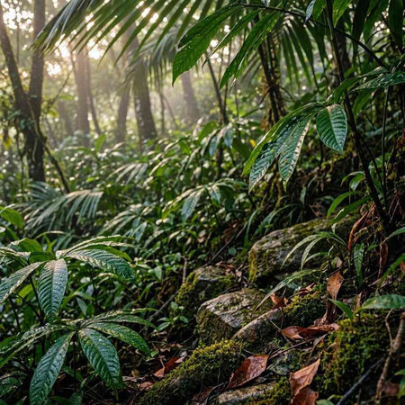 Morning light in the tropical rainforest with green leaves and sunlight.