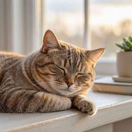Cute tabby cat sleeping on the windowsill in the morning
