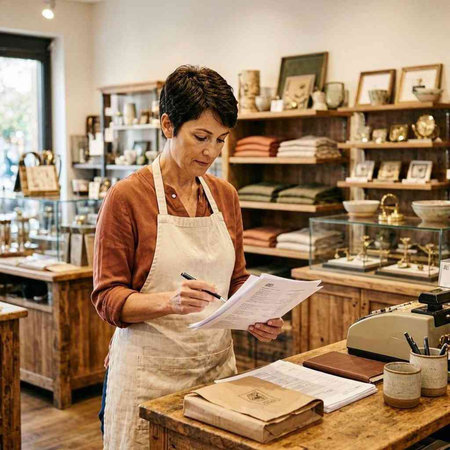 Senior woman in apron standing at counter and making notes in restaurant